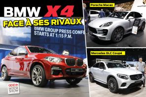 Le BMW X4, le Mercedes GLC Coupé et le Porsche Macan au salon de Genève 2018.