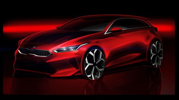 Kia Ceed 3 2018 teaser vue avant rouge croquis design.