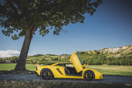 Lamborghini Aventador S jaune profil droit porte ouverte