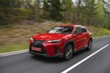 Lexus UX red rolling rear view