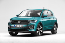 Rear view turquoise blue Volkswagen T-Cross in studio on white background