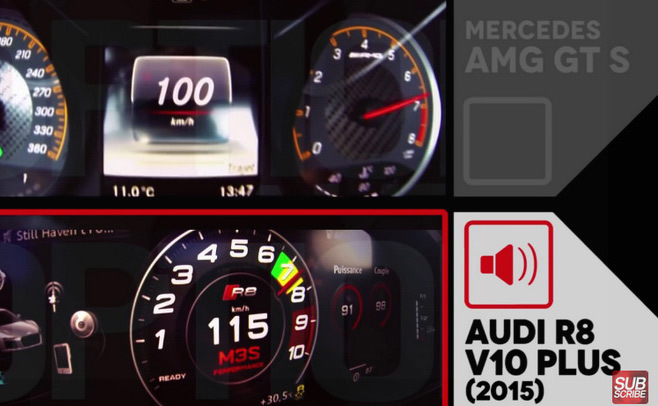 Duel de compteurs au sommet : AMG GT S contre R8 V10 Plus