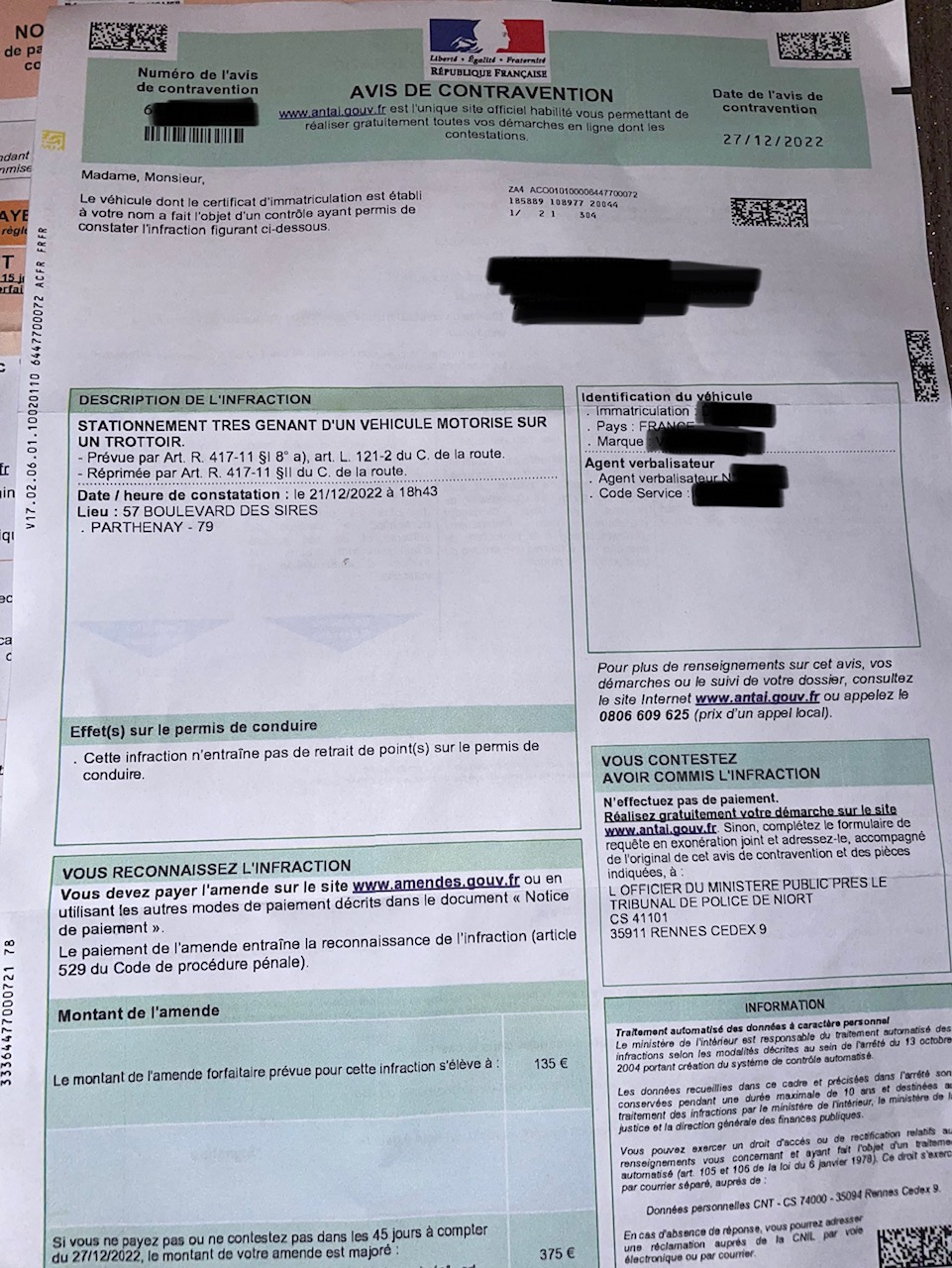 Contester un stationnement très gênant pour numero adresse inconnue Stationnement Auto