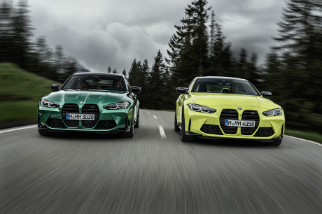BMW M3 berline vert Isle of Man et BMW M4 coupé Sao Paulo Yellow