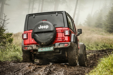 Roue de secours arrimée sur la porte du coffre, paroi arriÃÅ¡re verticale, flancs droits, gros élargisseurs d'ailes et vastes débattements de suspension : le Wrangler est un 4x4 au goût authentique.