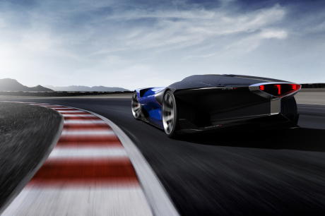 Tel un réacteur, l'extrémité arrière de la Peugeot L500 R HYbrid rougeoie de la nouvelle signature lumineuse de la marque : trois griffes écarlates.