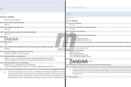 Renault Zandar dépôt brevet du nom