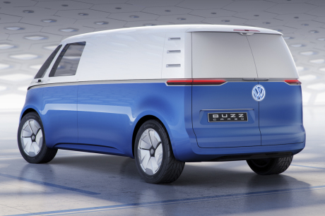 Volkswagen I.D. Buzz Cargo vue arriÚre bleu et blanc